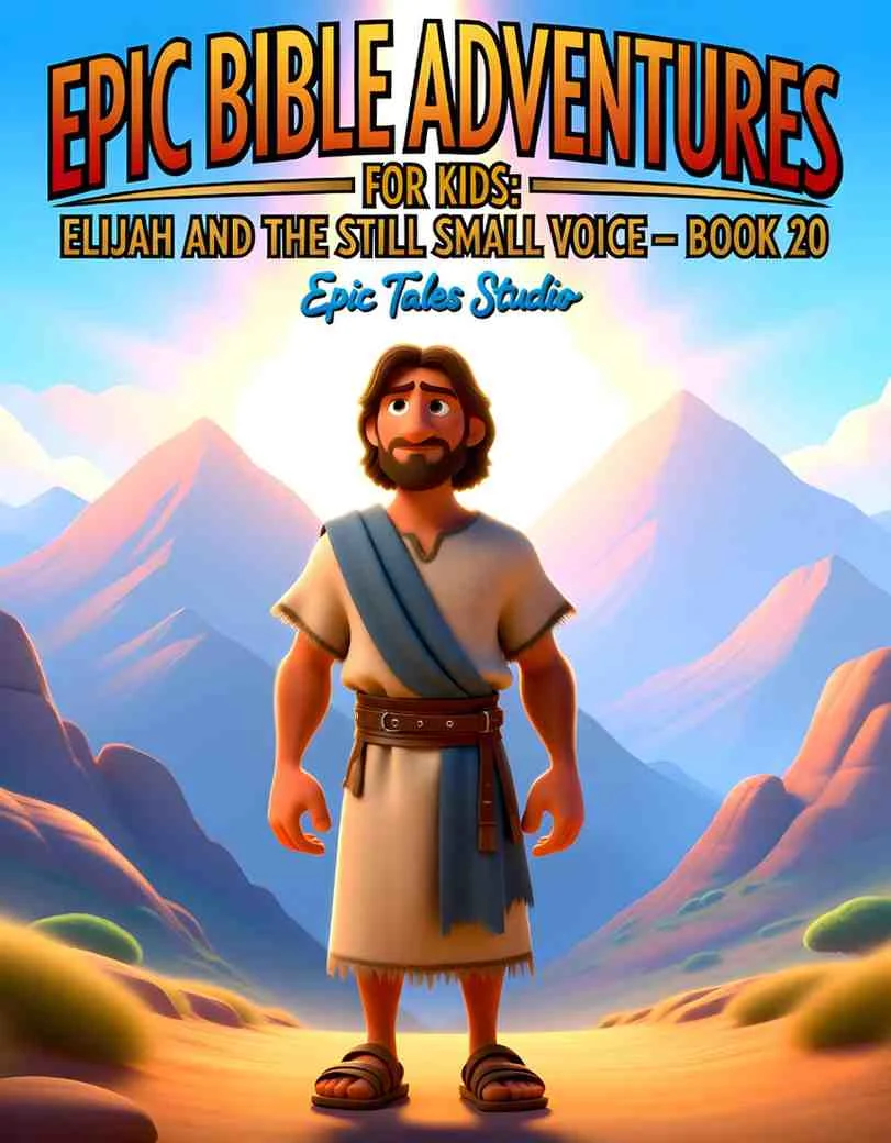 Front cover of Elijah's story children's book featuring cinematic 3D art of a prophet and a peaceful mountain.