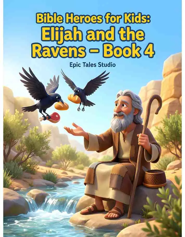 Front cover of Elijah and the Ravens children's book featuring cinematic 3D art of a prophet and birds.