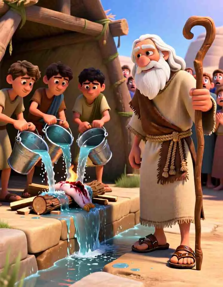Cinematic 3D scene of large jars of water being poured over a stone altar and wood pile until everything is dripping wet.