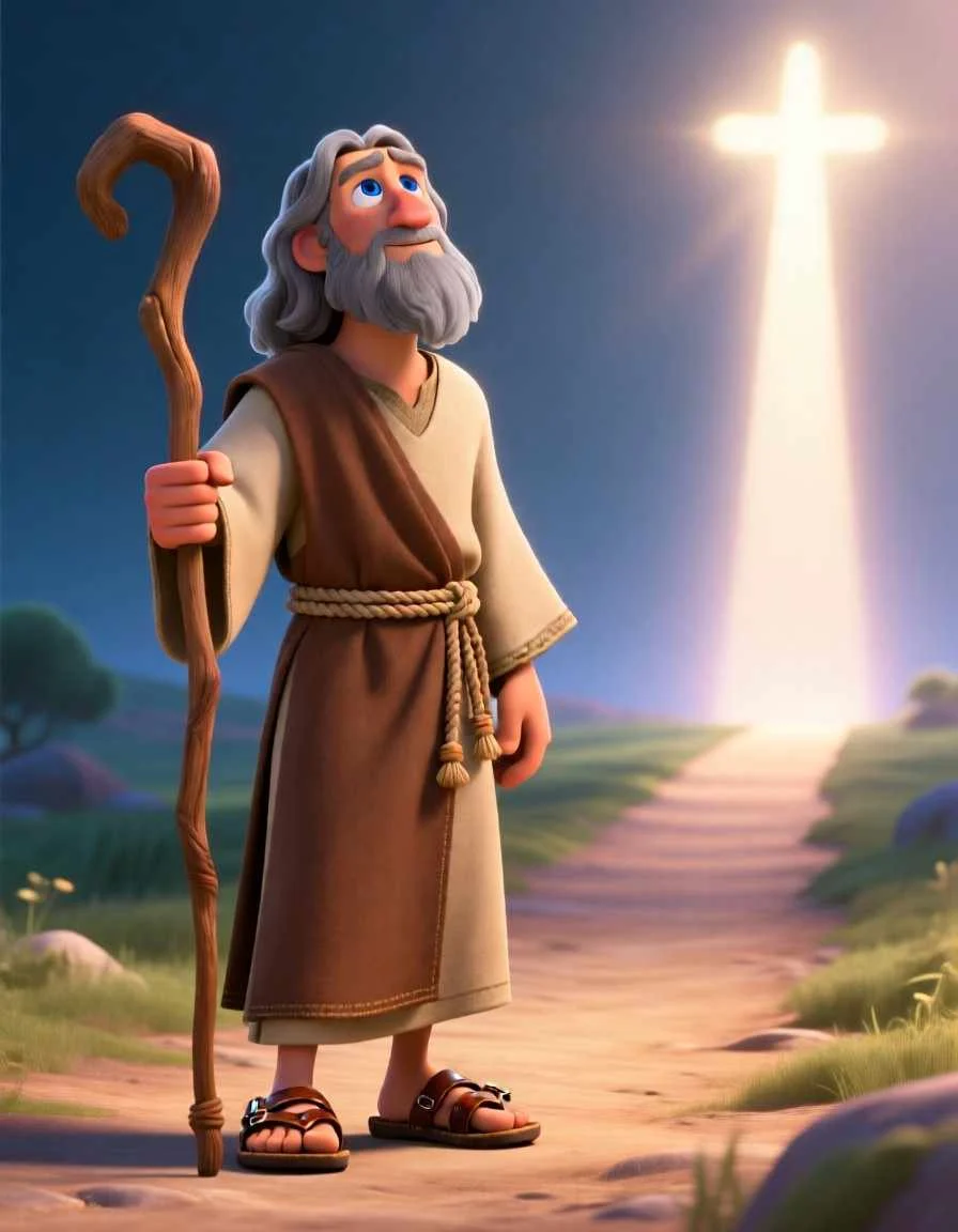 Heartwarming 3D illustration of a man looking hopeful as he walks through a sunlit desert landscape.