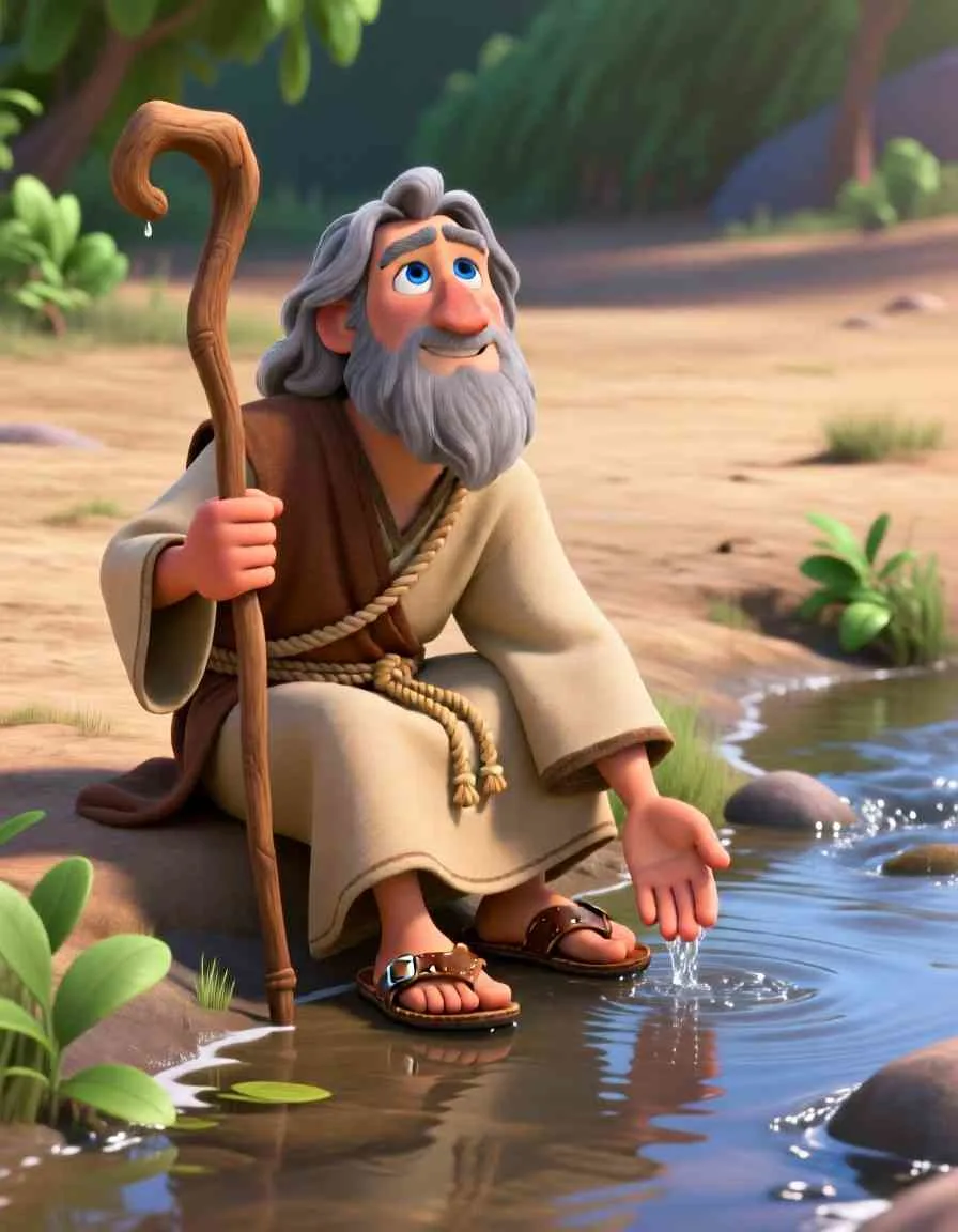 3D cartoon illustration of a man sitting peacefully by a small, clear stream in a rocky canyon.