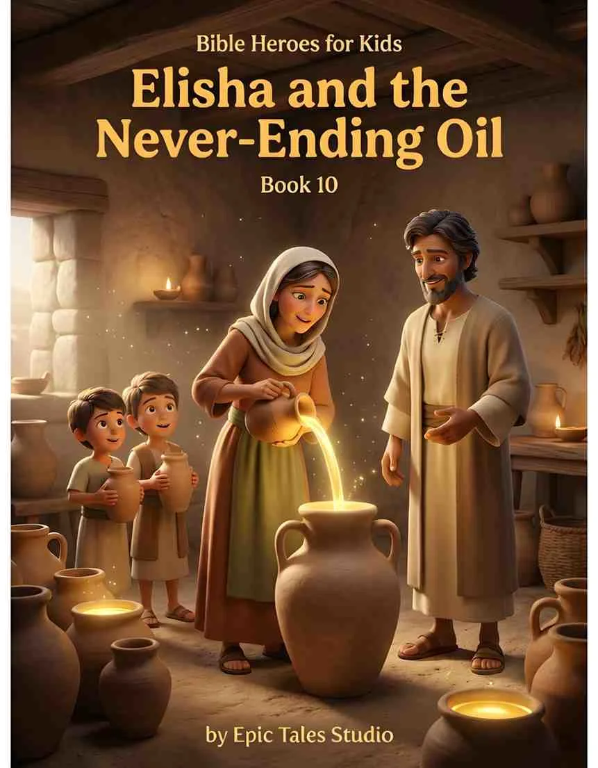 Front cover of Elisha's miracle story featuring cinematic 3D art of glowing oil jars.