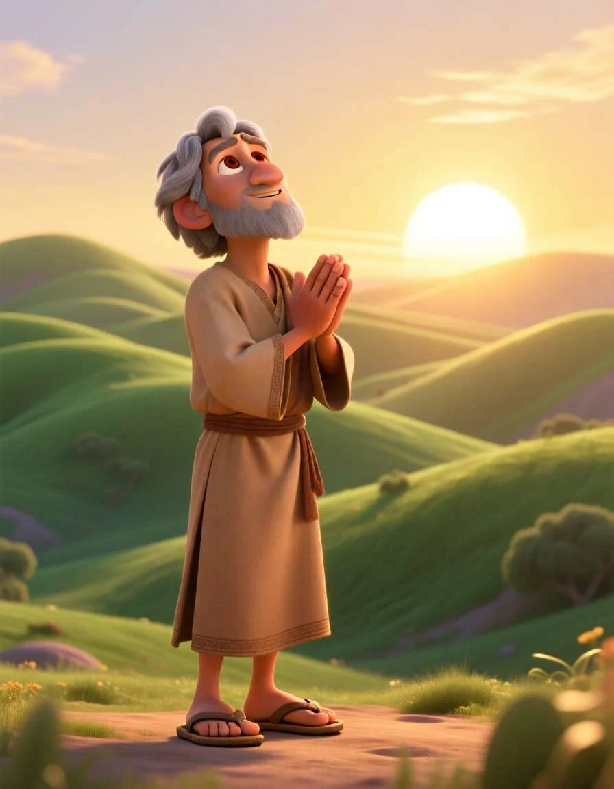 3D cartoon illustration of a man with a peaceful face looking at a beautiful golden sunrise over the hills.