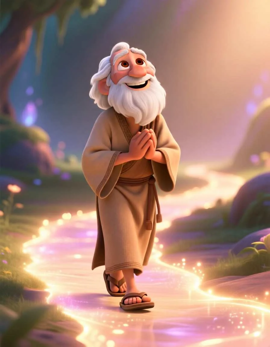 Cinematic 3D scene of a man walking down a quiet, leafy path surrounded by soft, glowing light.