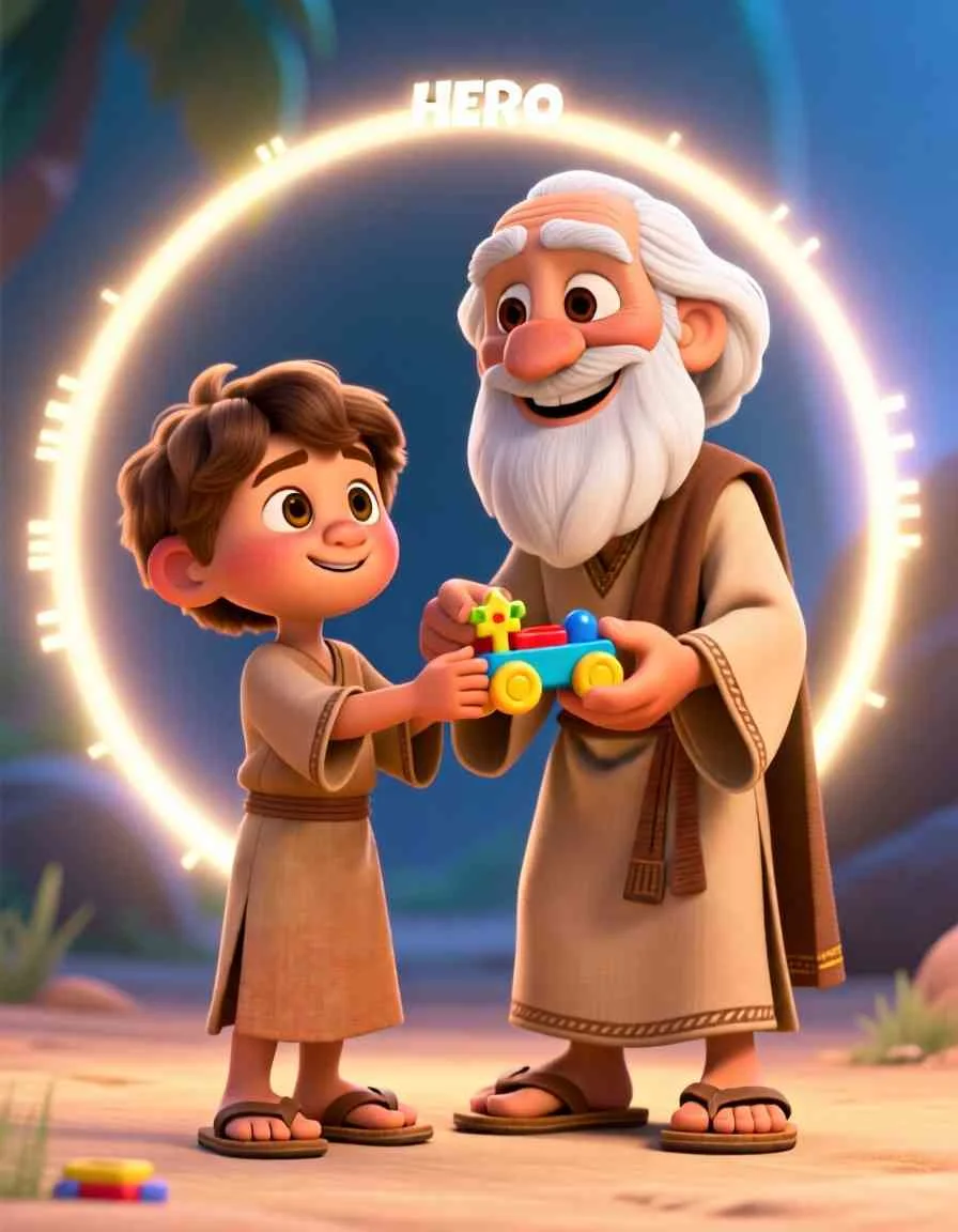 Cinematic 3D scene of a man walking down a kid, leafy path surrounded by soft, glowing light