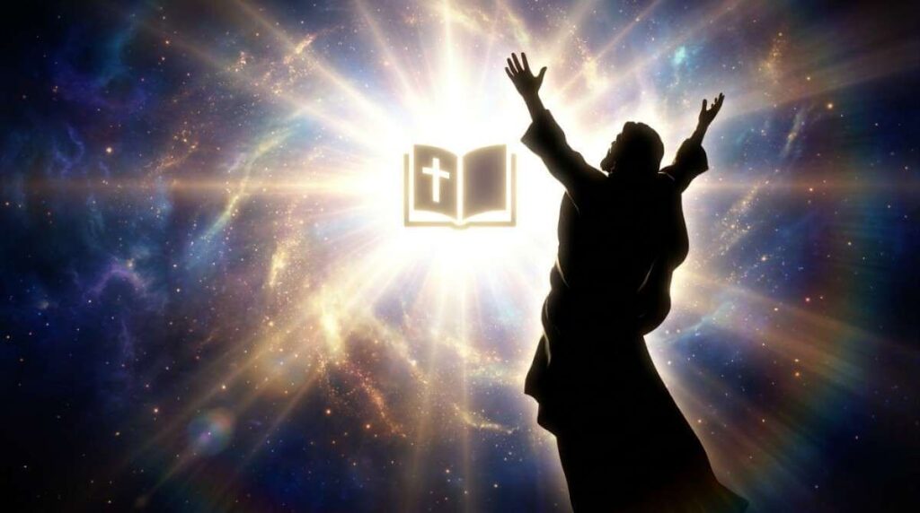 A Bible silhouette with powerful light rays, representing the revelation of God's Word.