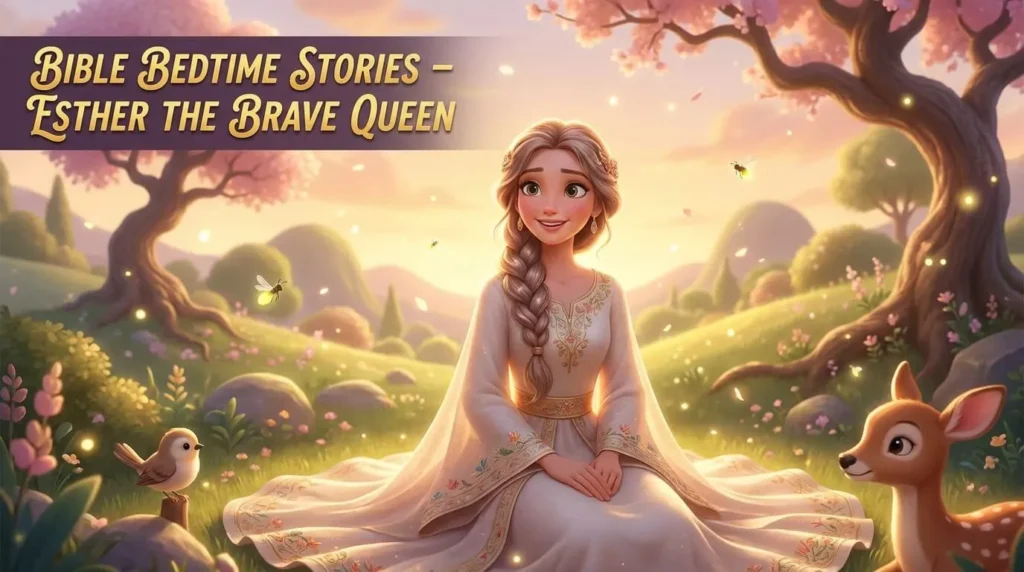 Queen Esther standing bravely before a grand royal palace in a 3D Ghibli-inspired style.