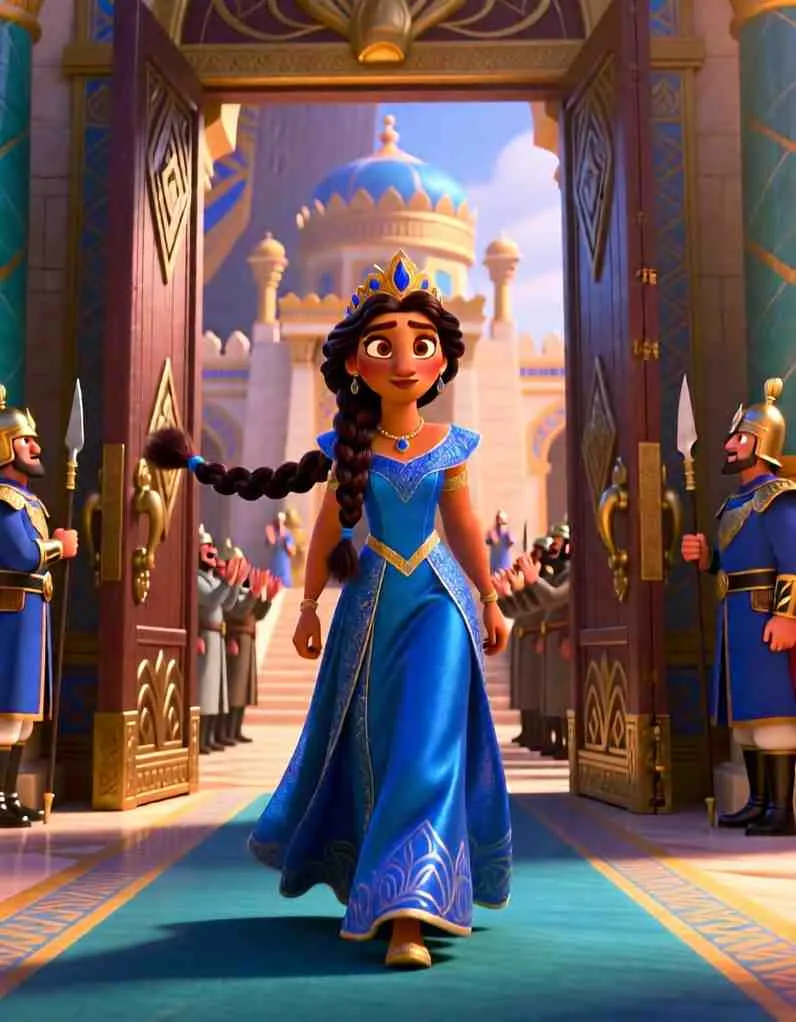 Queen Esther in the royal Persian garden - 3D cartoon Bible illustration