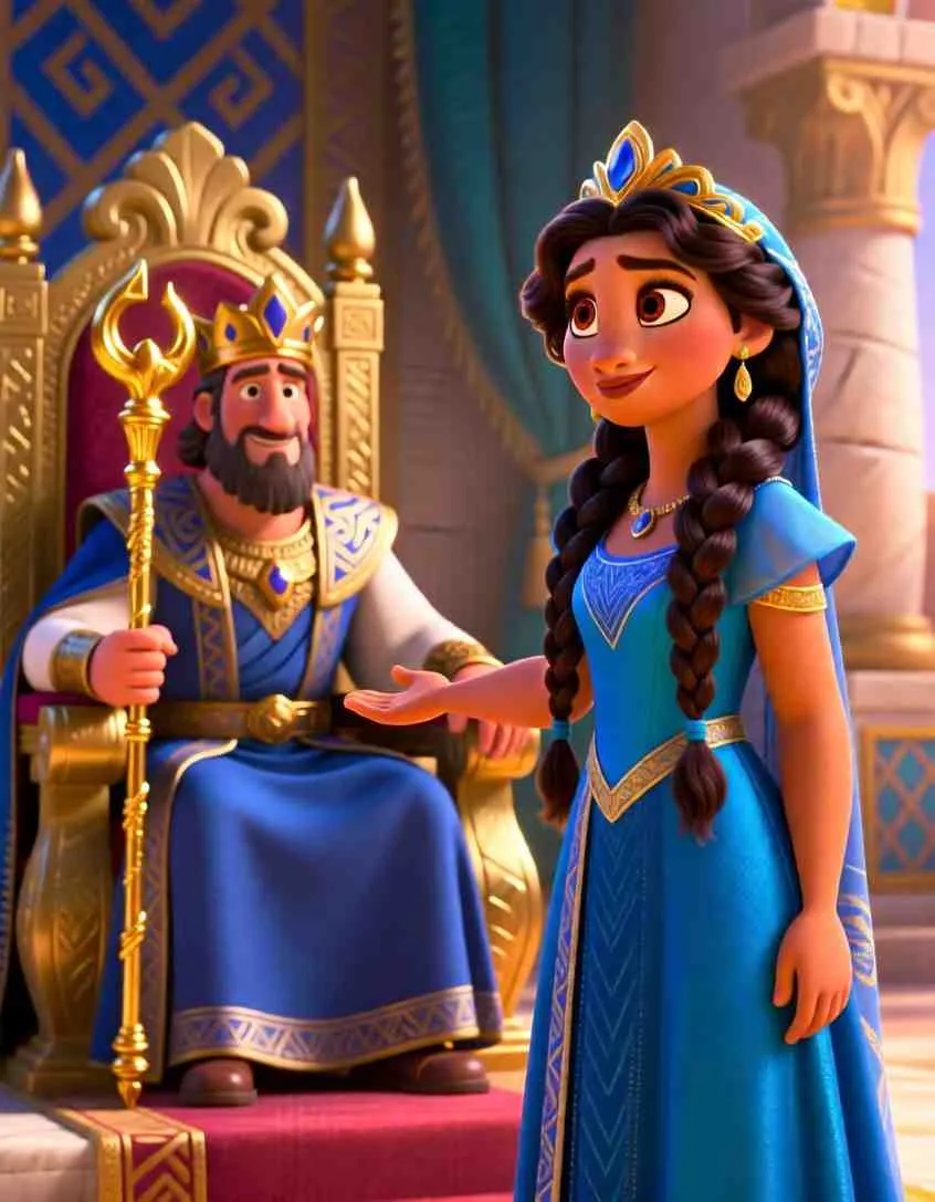 Heartwarming 3D illustration of Queen Esther standing brave and tall to help her people in the royal court.