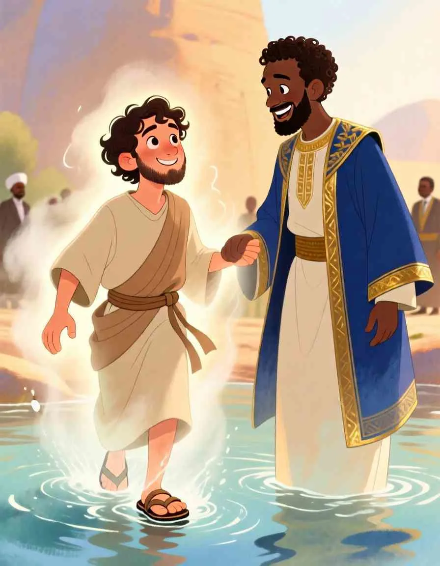 Heartwarming 3D illustration of a man being baptized in a clear pool of water surrounded by desert hills.