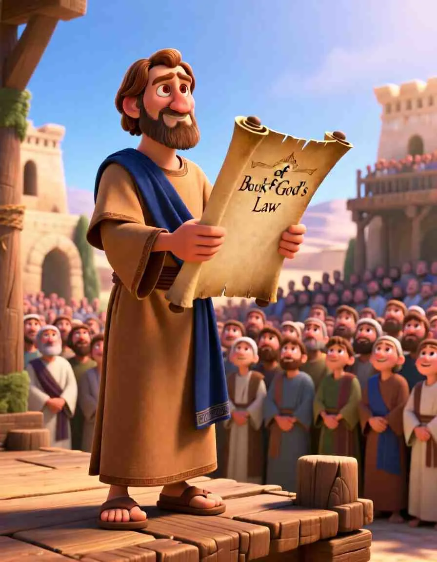 Cinematic 3D scene of a man standing on a wooden platform reading to a large group of people.