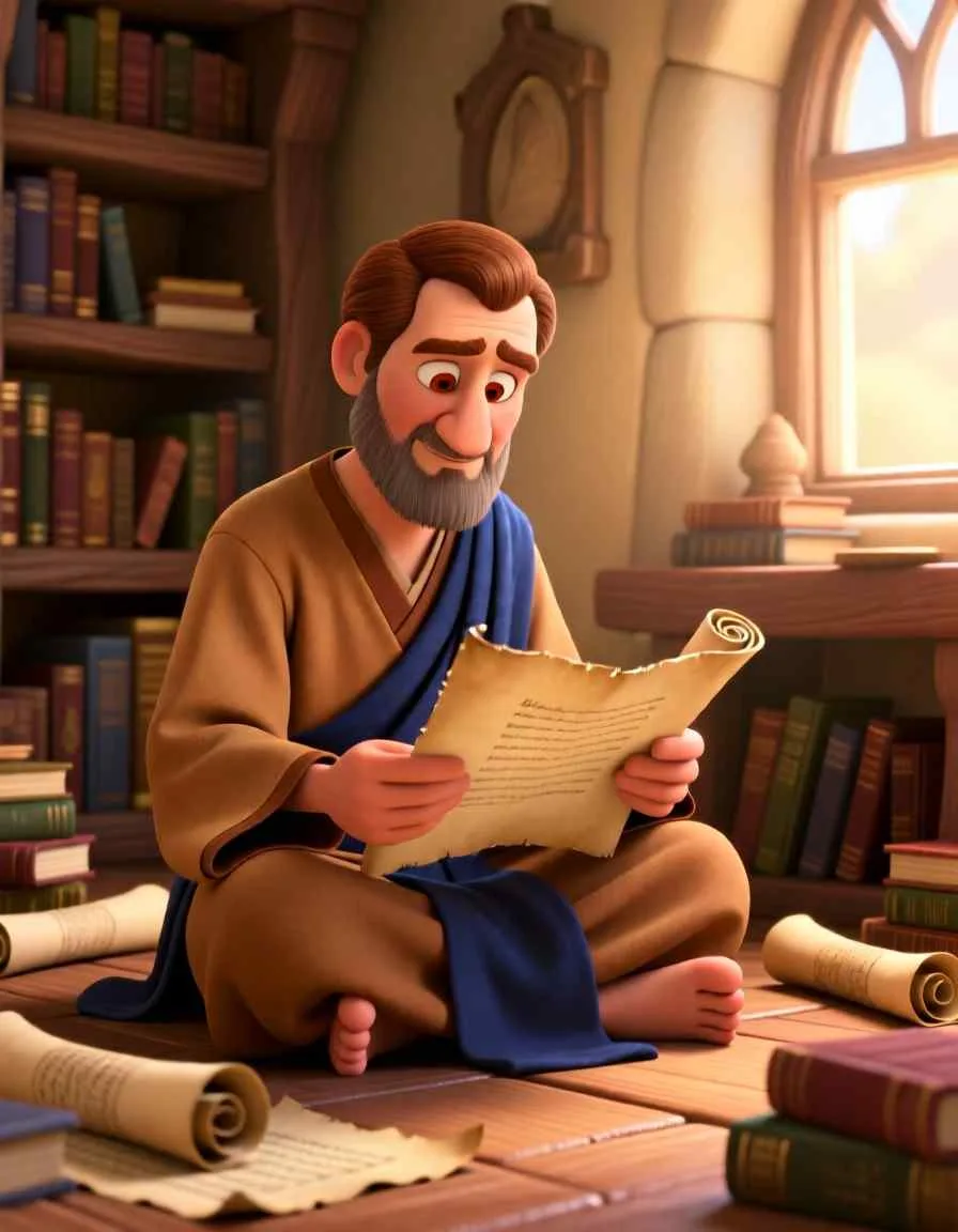 3D cartoon illustration of Ezra sitting at a desk, carefully reading a large, glowing scroll.