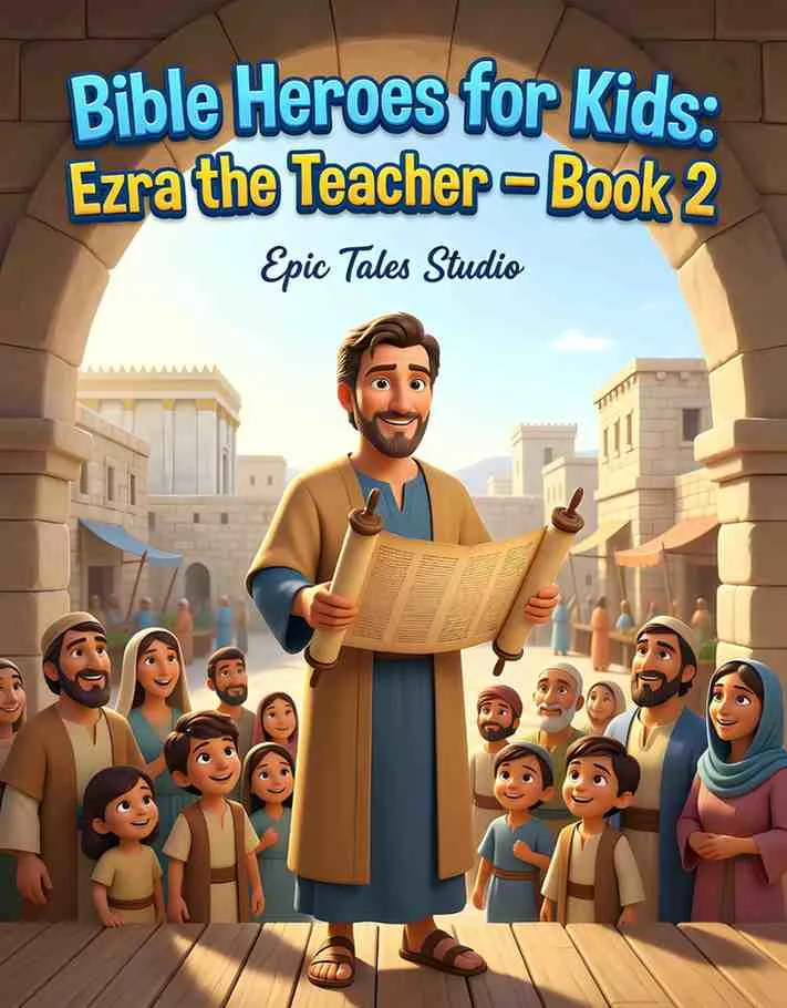 Front cover of Ezra the Teacher children's book featuring cinematic 3D art of a man with a scroll.