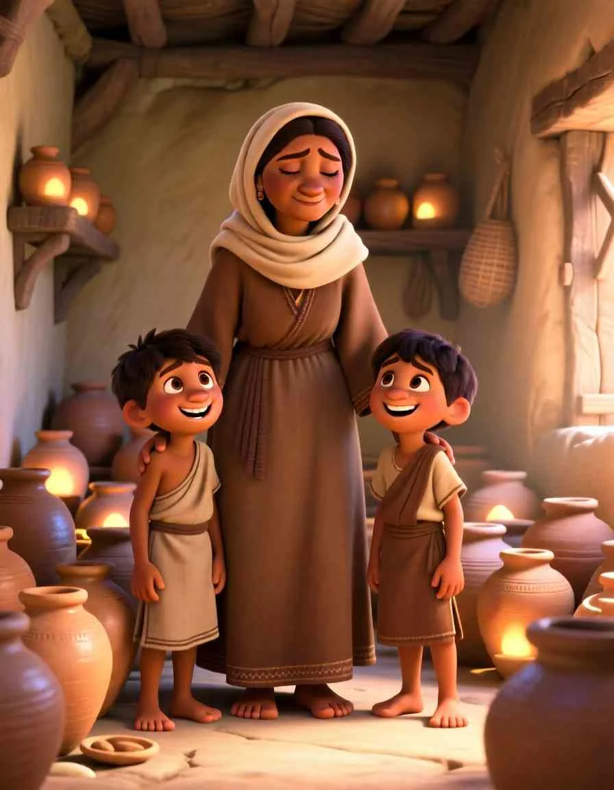 Heartwarming 3D illustration of a mother and her sons smiling, surrounded by dozens of filled clay jars.