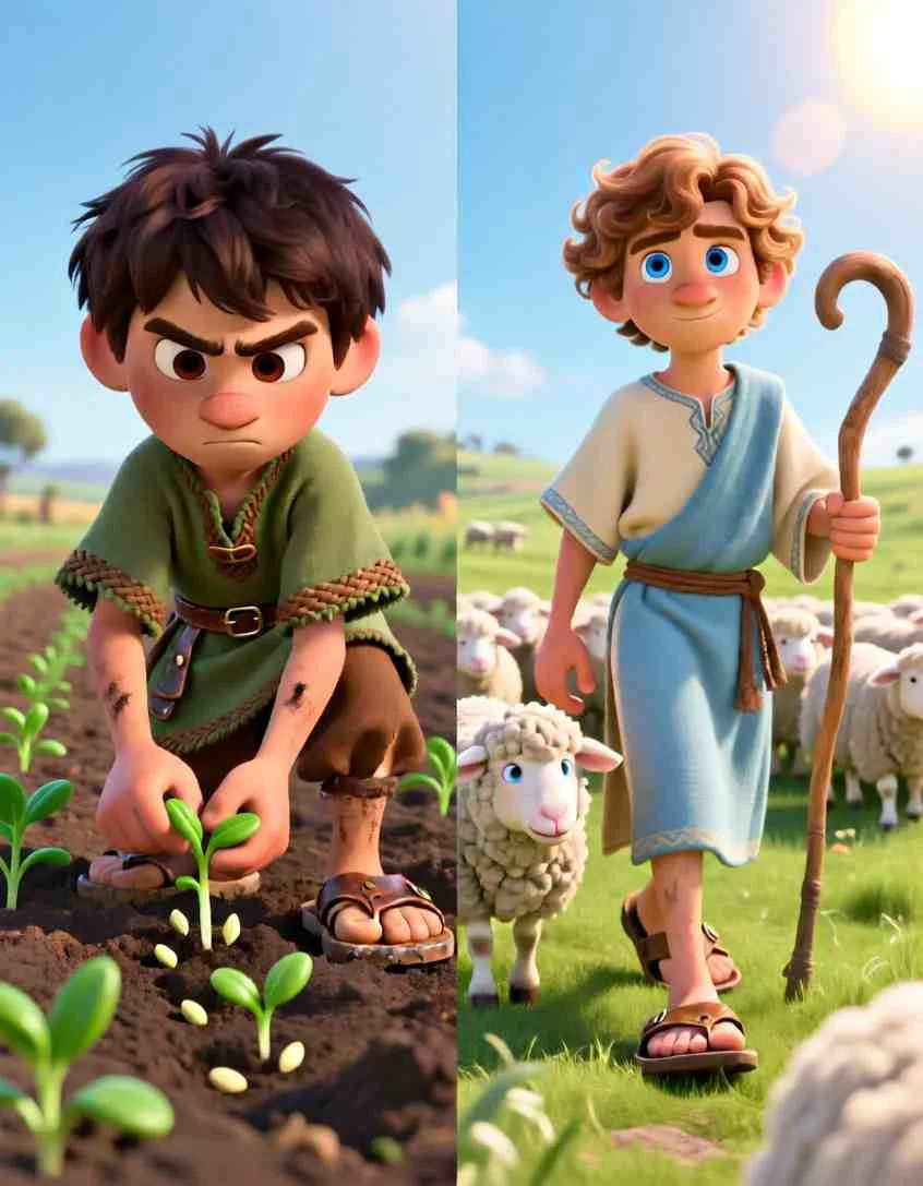 3D illustration of Cain working in a vegetable field and Abel tending to his white sheep in a green meadow.