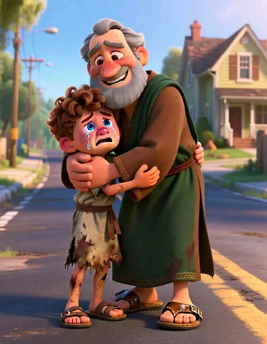Heartwarming 3D illustration of a father happily embracing his son with a bright, celebratory background.