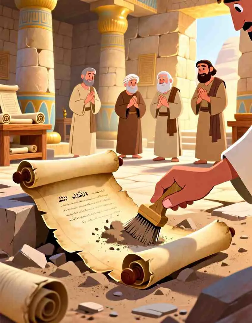 Cinematic 3D scene of temple workers clearing dust to find an ancient, glowing scroll hidden in the stone walls.