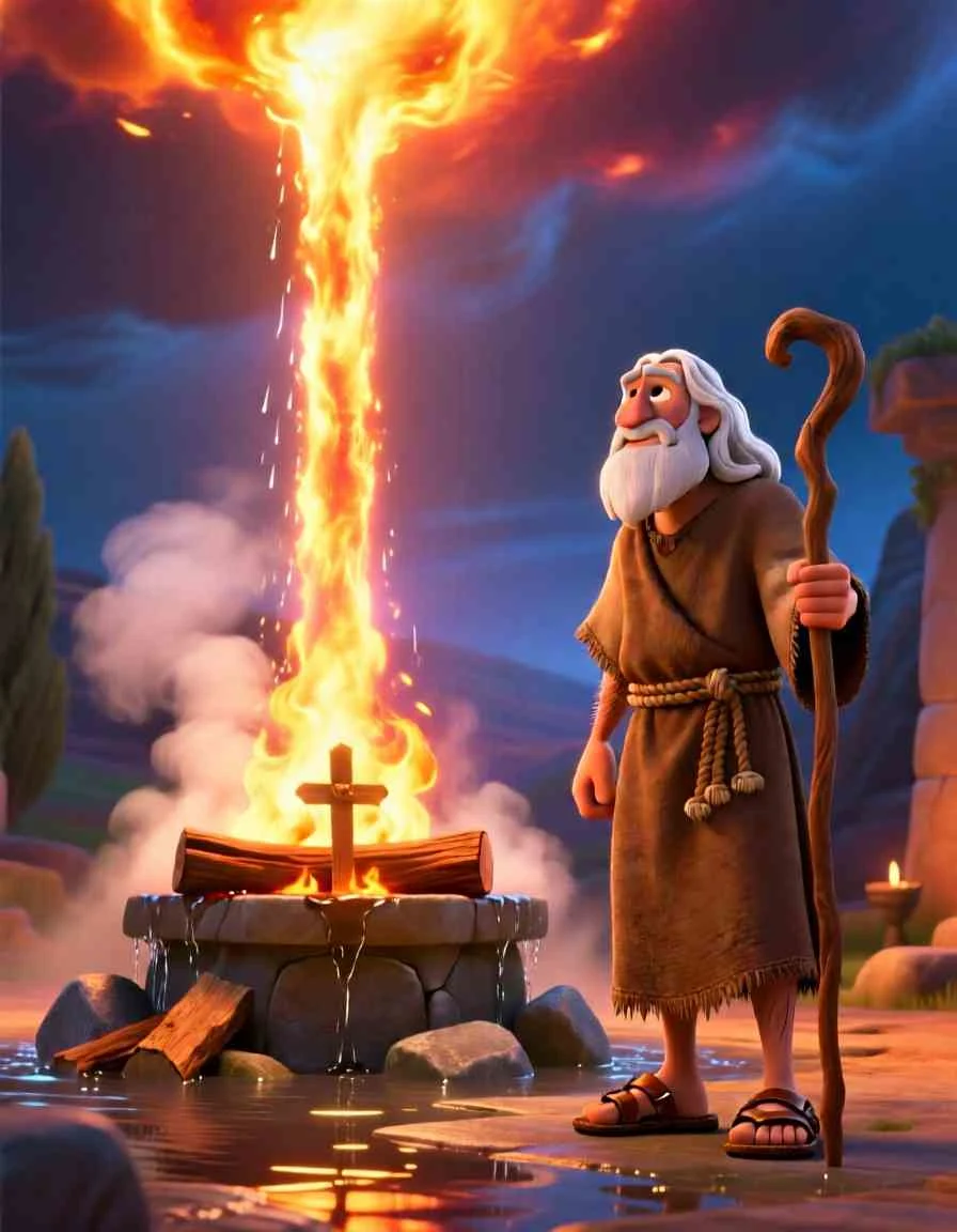 Heartwarming 3D illustration of a bright, golden-orange beam of fire coming down from the clouds to light an altar.