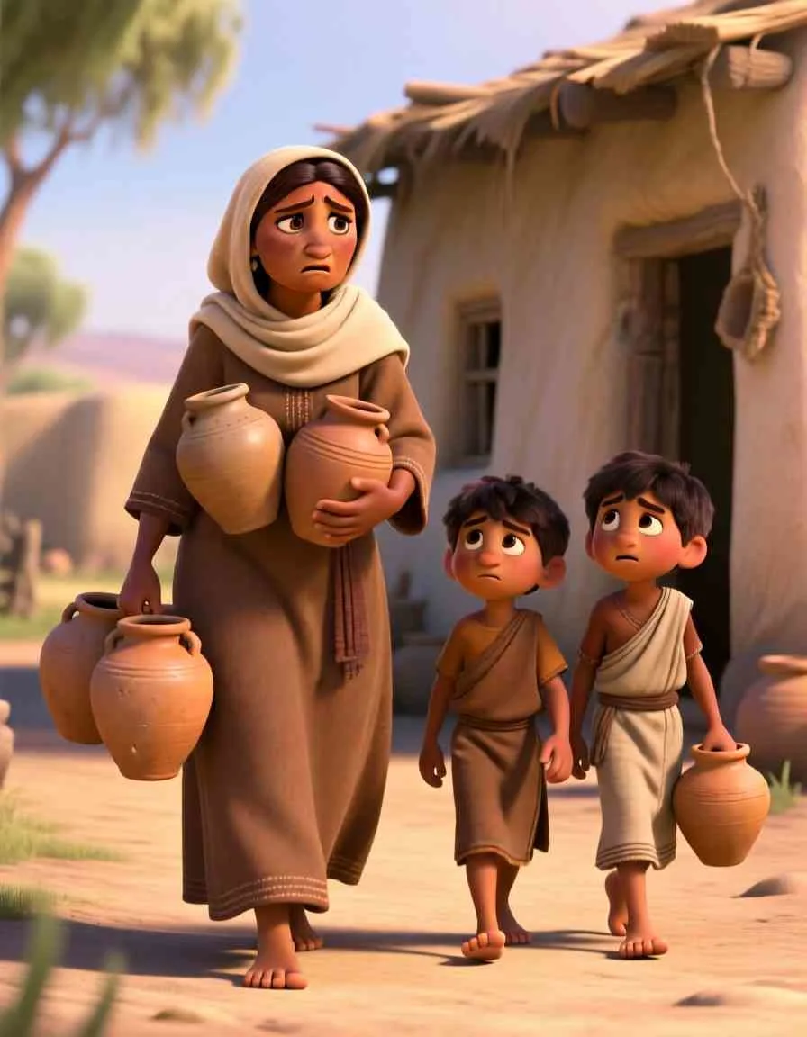 3D cartoon illustration of two boys carrying several empty clay jars into a small, sunlit home.