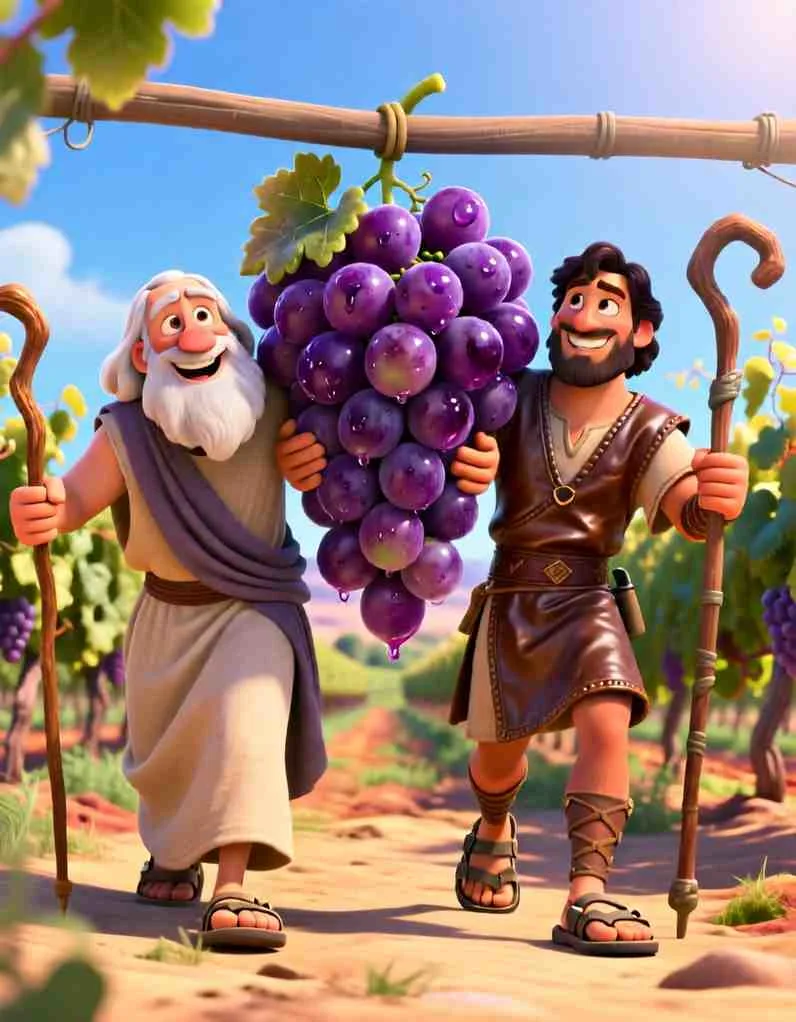 Cinematic 3D scene of two men carrying a huge, heavy cluster of purple grapes on a wooden pole.