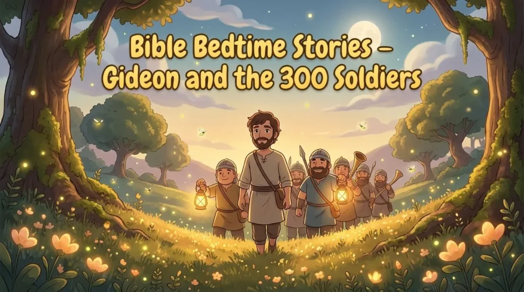Gideon leading his small army with torches under a starry night sky, 3D animation.