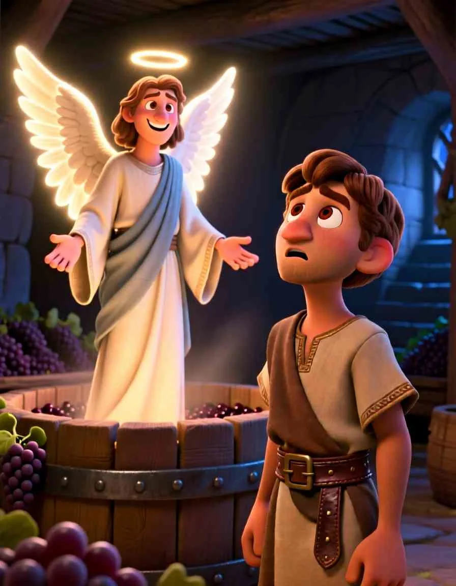 3D cartoon illustration of an angel appearing to a surprised Gideon in a quiet winepress.