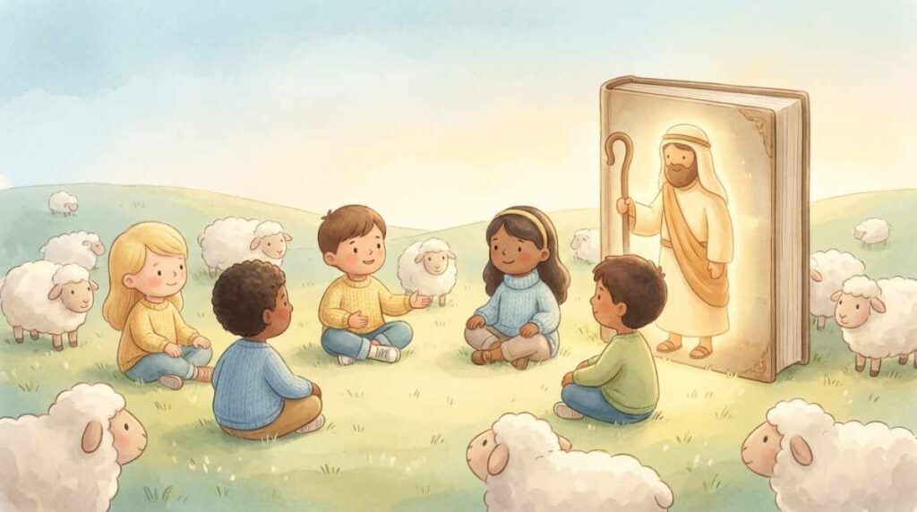 Happy children playing in a bright, sunny world created by God, in a 3D animated style.