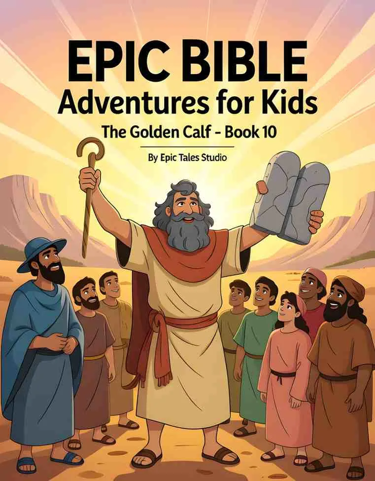 Front cover of The Golden Calf children's book featuring cinematic 3D art of a desert camp and gold statue.