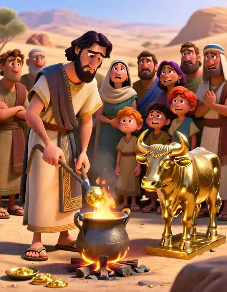 Cinematic 3D scene of a bright, shining gold calf statue standing in the middle of a busy desert camp.