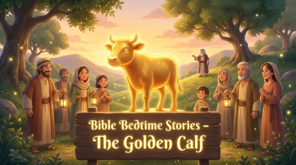 3D biblical illustration of people near a glowing golden statue in a desert camp.