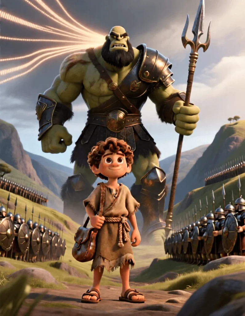 Dramatic 3D scene of the giant Goliath in shiny armor holding a spear and shouting at the soldiers.