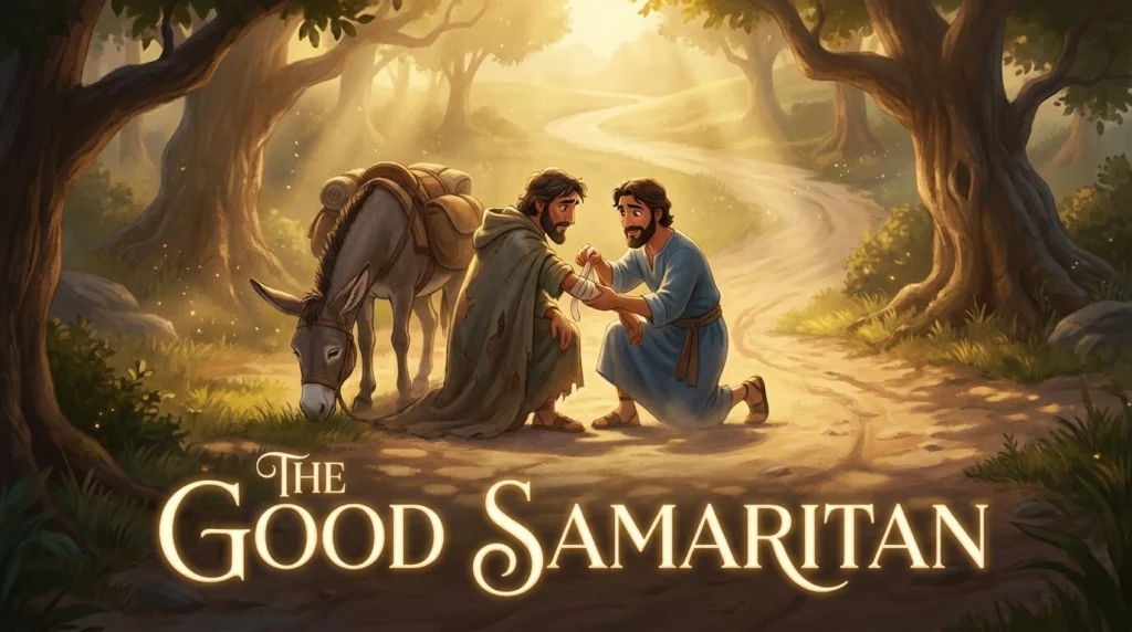 A kind Samaritan helping a traveler on a dusty road in a Ghibli-inspired 3D style.