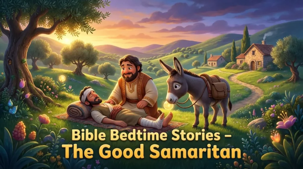 A kind man helping a traveler on a moonlit path in a soft 3D cinematic style.