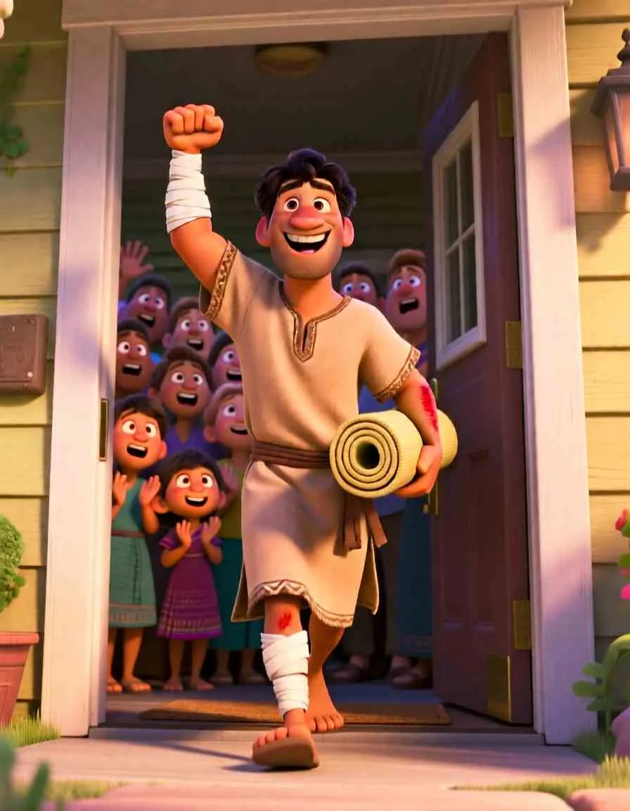Heartwarming 3D illustration of a man smiling broadly while carrying a rolled-up mat over his shoulder.