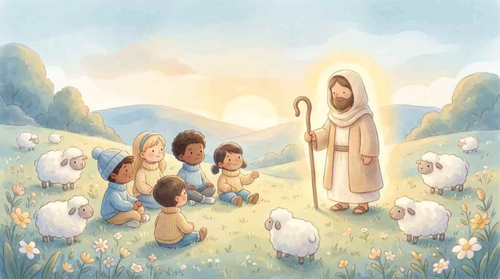 A group of diverse children listening to a Bible story in a bright, friendly outdoor setting.