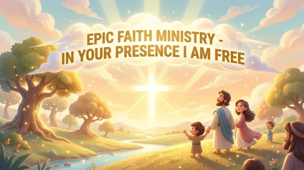 3D cinematic scene of a person with open arms standing on a peaceful hilltop.