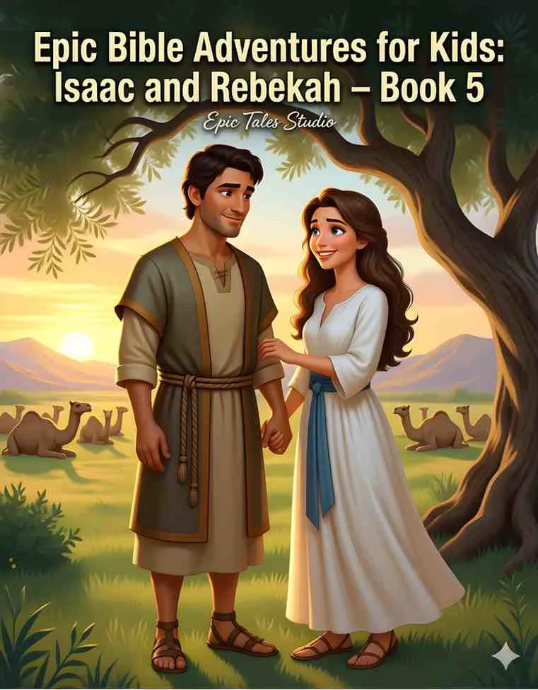 Front cover of Isaac and Rebekah children's book featuring cinematic 3D art of the couple.
