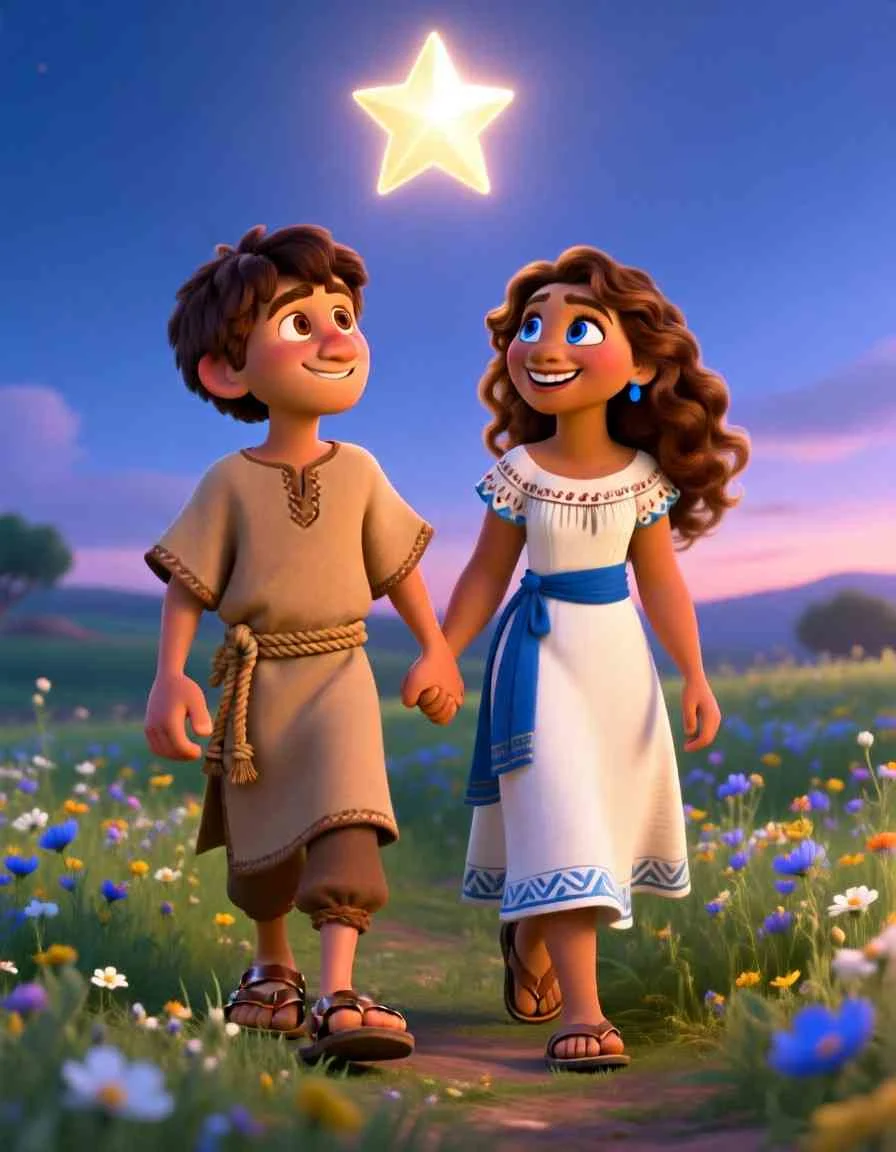 Heartwarming 3D illustration of Isaac and Rebekah meeting in a golden field under a twilight sky.