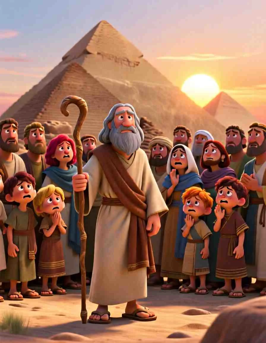 3D cartoon illustration of people in a desert camp looking up at a cloud-covered mountain with concern.