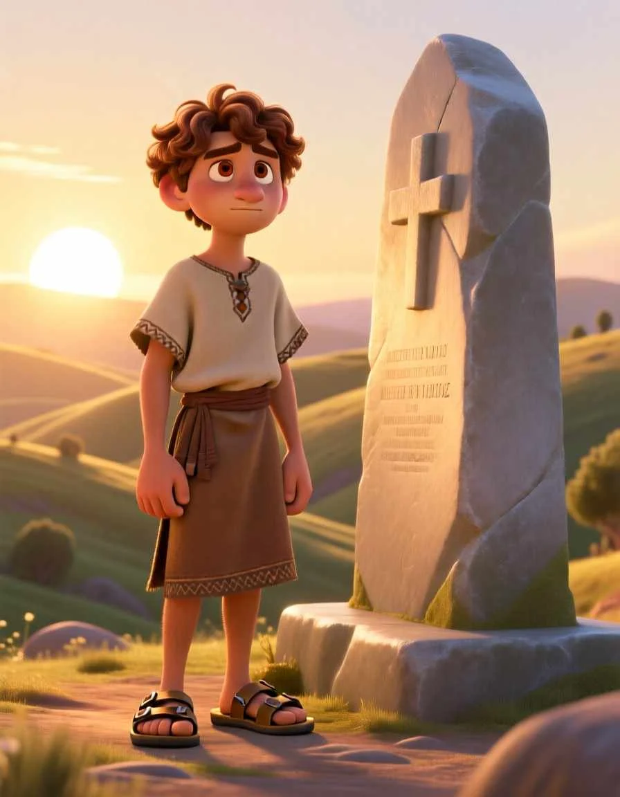 Heartwarming 3D illustration of Jacob praying beside a stone monument in the peaceful morning light.