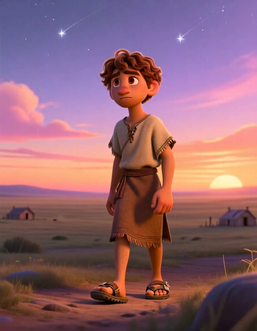 3D cartoon illustration of Jacob walking across rolling hills and desert paths under a twilight sky.