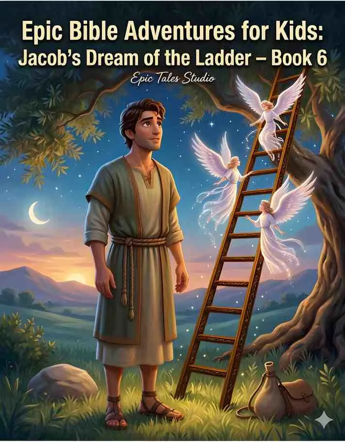 Front cover of Jacob's Dream children's book featuring a cinematic 3D glowing ladder to heaven.