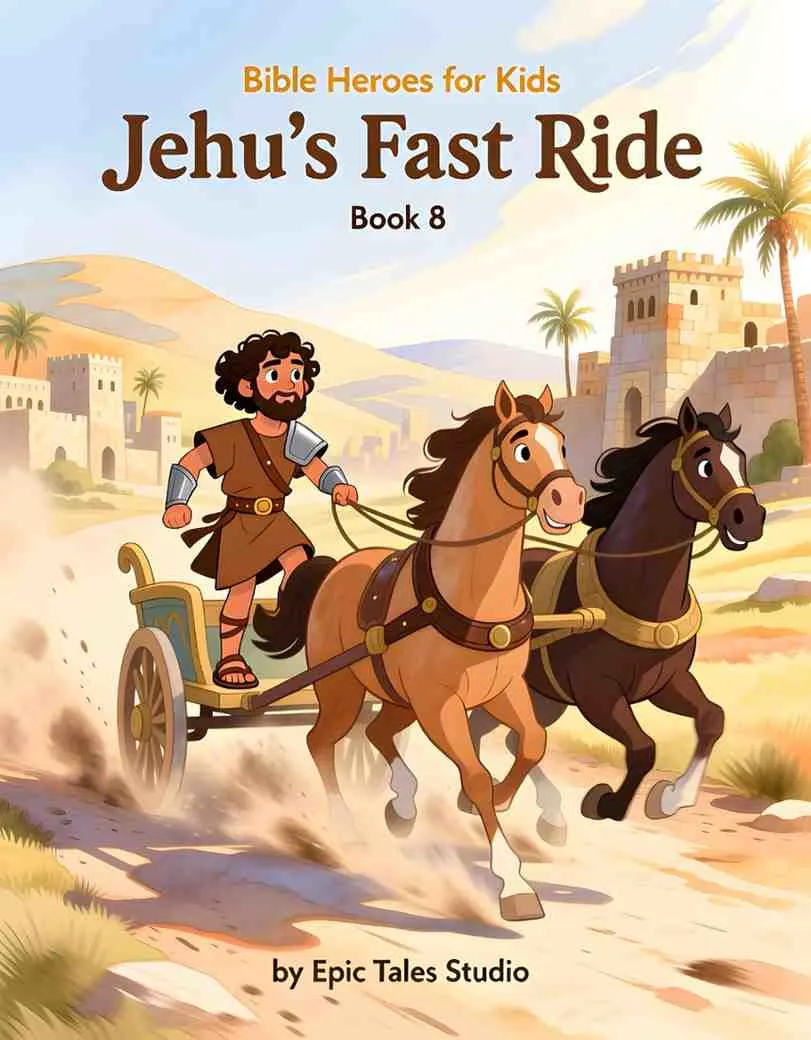 Front cover of Jehu's Fast Ride children's book featuring cinematic 3D art of a man in a chariot.
