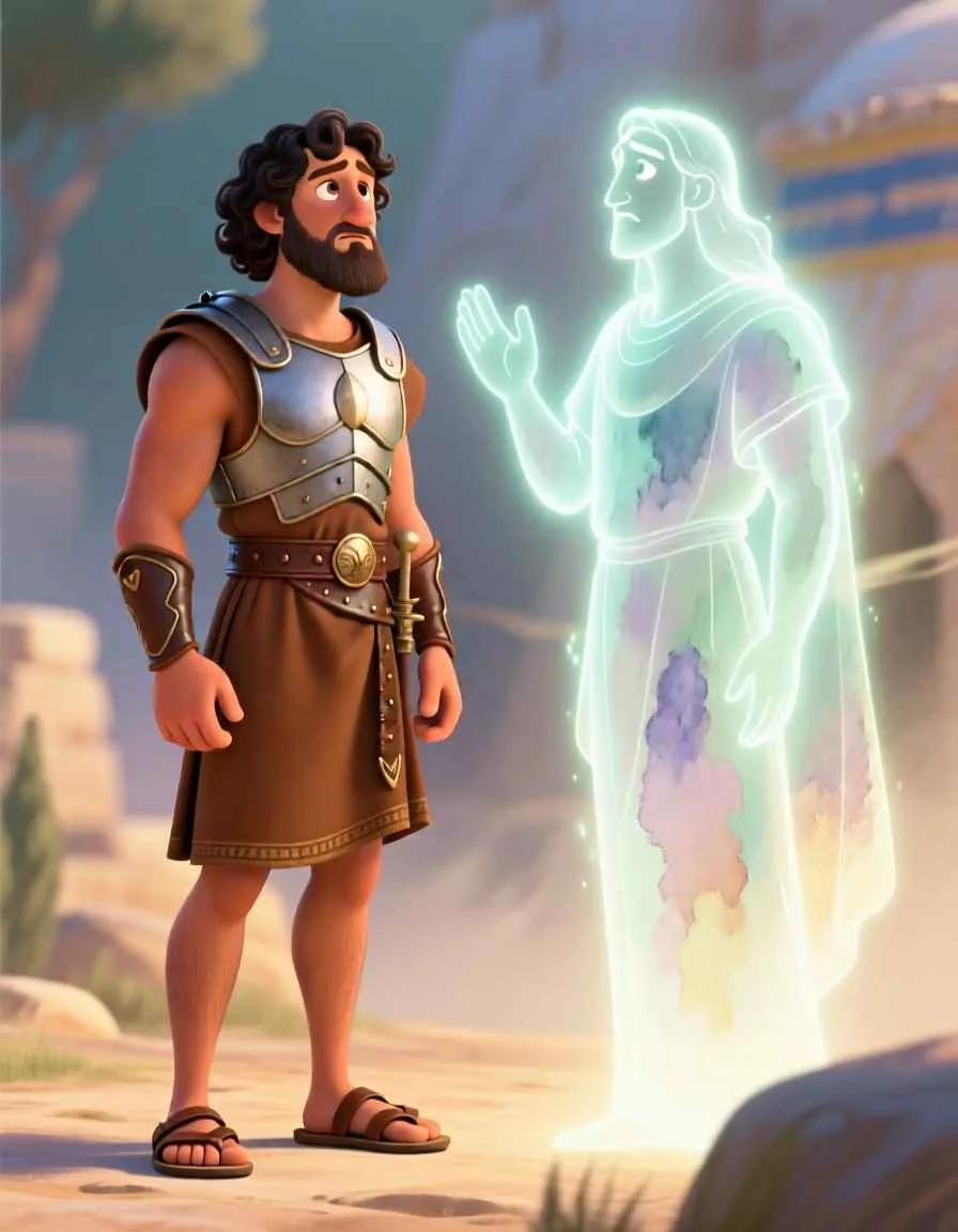 3D cartoon illustration of a young man in armor listening to a messenger in a quiet military camp.