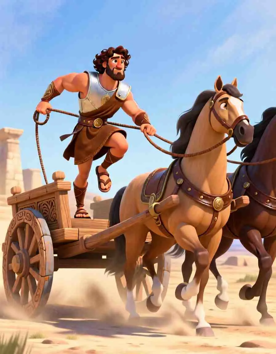 Cinematic 3D scene of a horse-drawn chariot racing across a dry, sunlit landscape with a trail of dust.