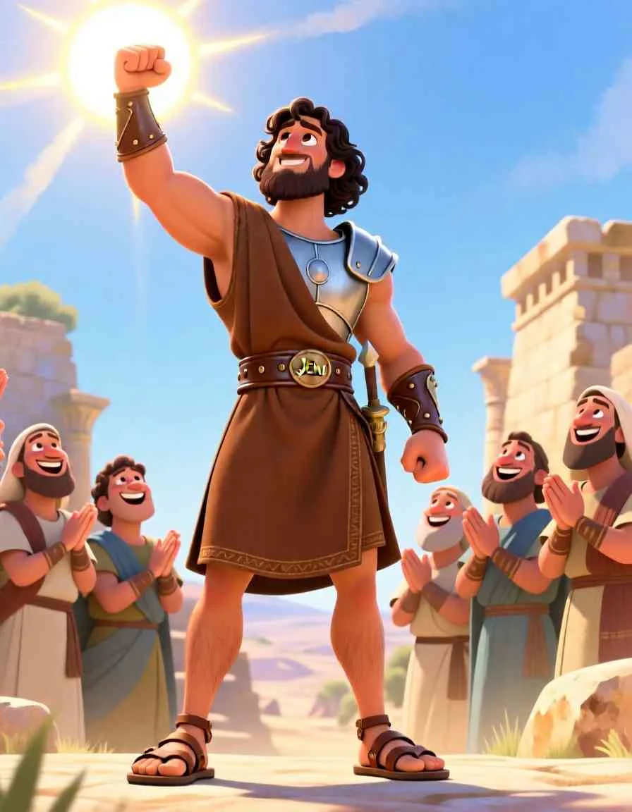 Heartwarming 3D illustration of a brave leader standing tall in his chariot under a clear, hopeful sky.
