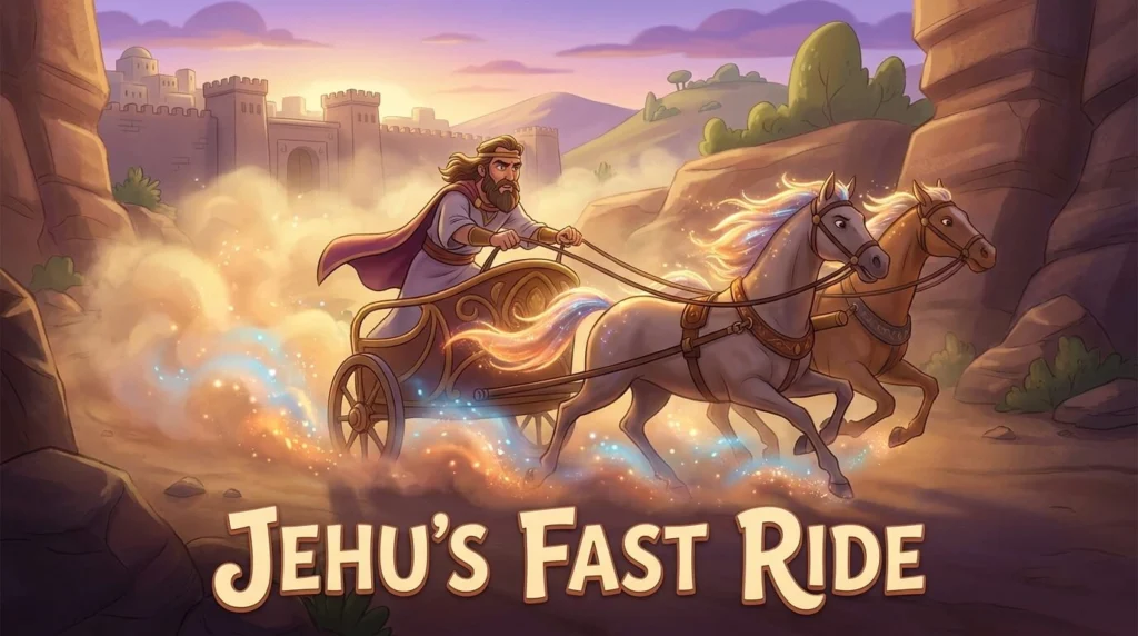 Jehu driving a horse-drawn chariot fast through the desert, 3D animation style.