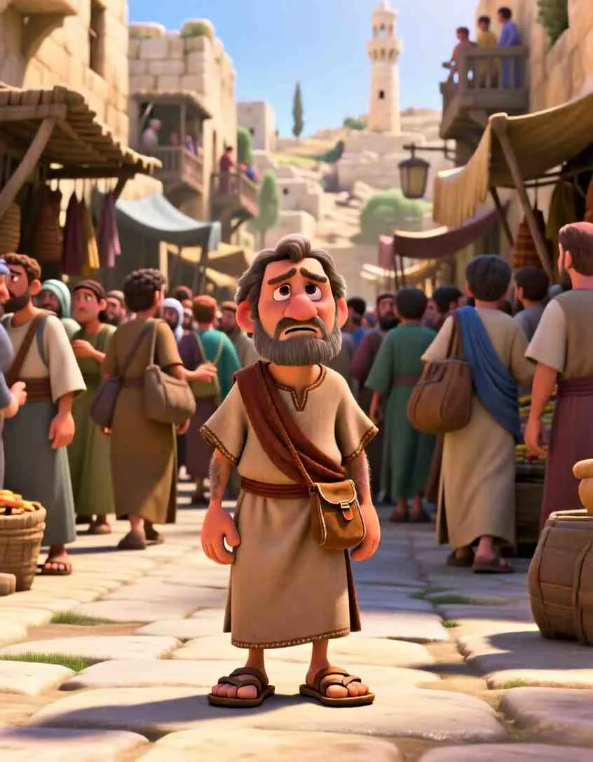 3D cartoon illustration of a bustling, colorful city street with many people gathered to see Jesus.