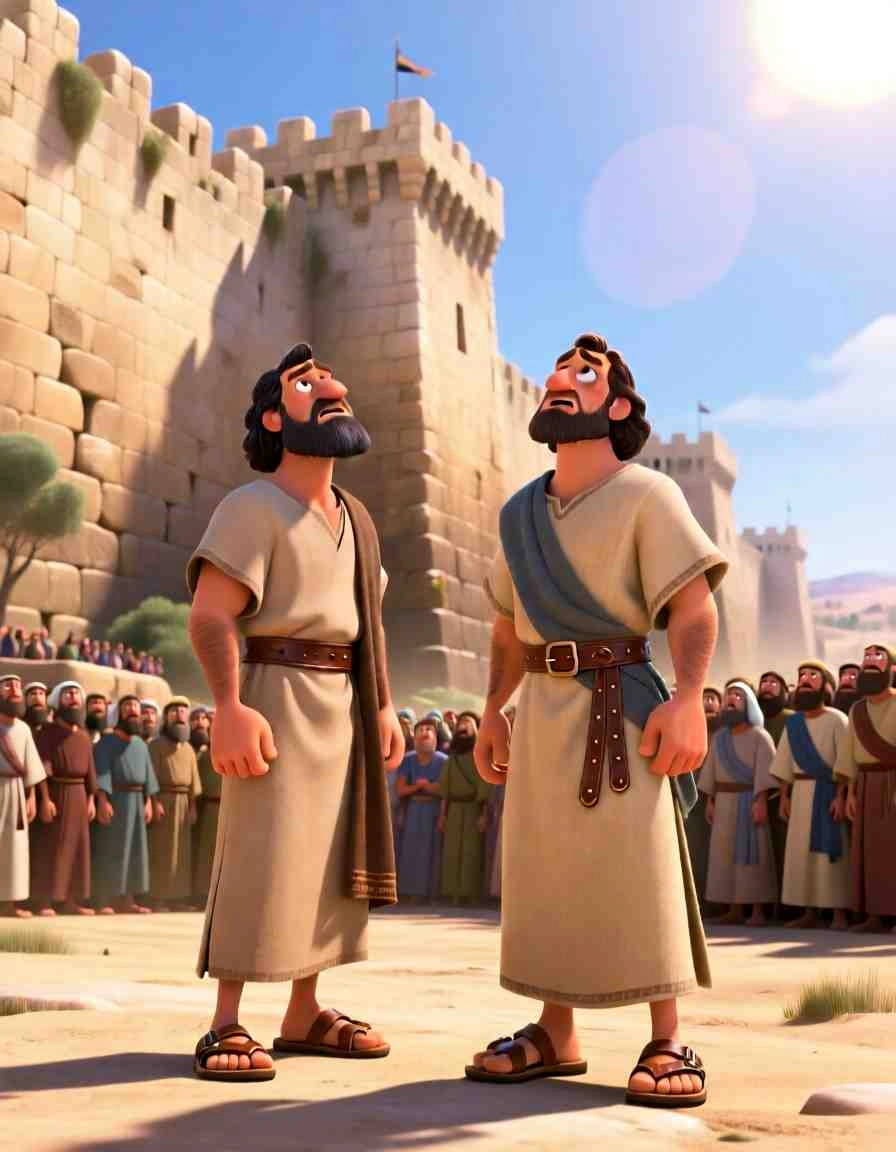 Joshua and the Battle of Jericho – Calm Bedtime Bible Story 3D cartoon illustration of the city of Jericho with its massive stone walls and towers under a clear sky.