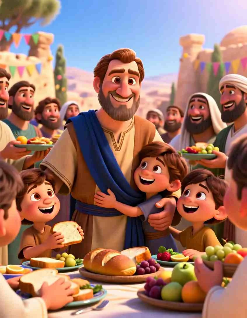 Heartwarming 3D illustration of families eating and laughing together in a bright, sunny city.